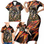 Personalized Penrith Panthers Rugby Christmas Family Matching Short Sleeve Bodycon Dress and Hawaiian Shirt Holiday Mascot Graphic Art Festive Lights Bow