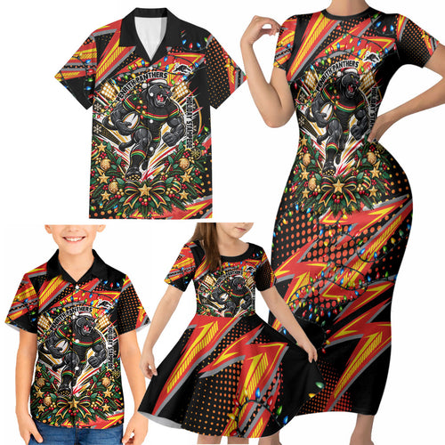 Personalized Penrith Panthers Rugby Christmas Family Matching Short Sleeve Bodycon Dress and Hawaiian Shirt Holiday Mascot Graphic Art Festive Lights Bow