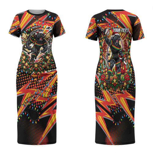Personalized Penrith Panthers Rugby Christmas Family Matching Short Sleeve Bodycon Dress and Hawaiian Shirt Holiday Mascot Graphic Art Festive Lights Bow
