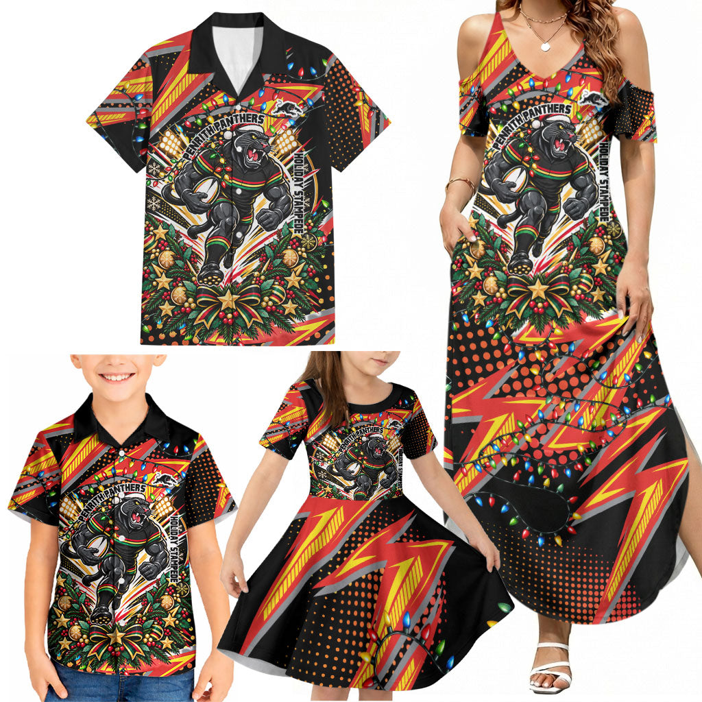 Personalized Penrith Panthers Rugby Christmas Family Matching Summer Maxi Dress and Hawaiian Shirt Holiday Mascot Graphic Art Festive Lights Bow