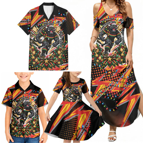Personalized Penrith Panthers Rugby Christmas Family Matching Summer Maxi Dress and Hawaiian Shirt Holiday Mascot Graphic Art Festive Lights Bow