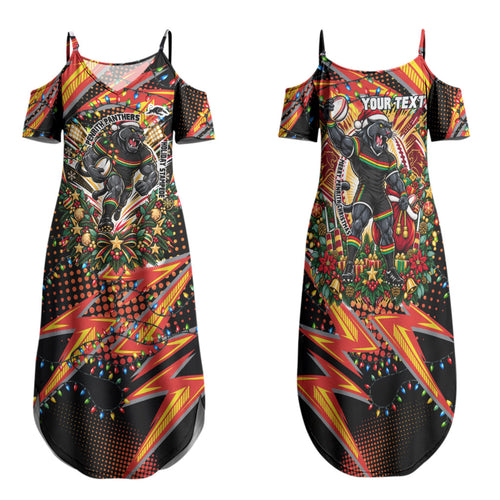 Personalized Penrith Panthers Rugby Christmas Family Matching Summer Maxi Dress and Hawaiian Shirt Holiday Mascot Graphic Art Festive Lights Bow