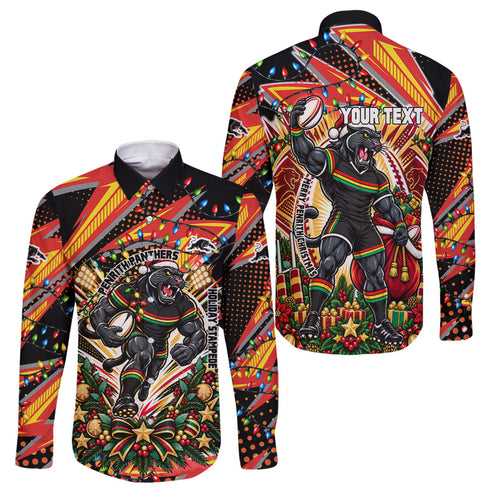 Personalized Penrith Panthers Rugby Christmas Family Matching Summer Maxi Dress and Hawaiian Shirt Holiday Mascot Graphic Art Festive Lights Bow