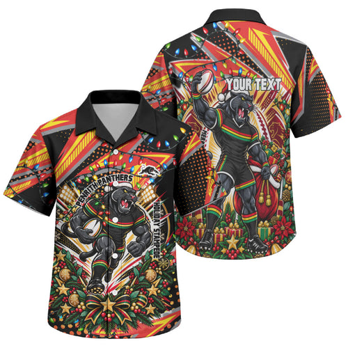 Personalized Penrith Panthers Rugby Christmas Family Matching Summer Maxi Dress and Hawaiian Shirt Holiday Mascot Graphic Art Festive Lights Bow
