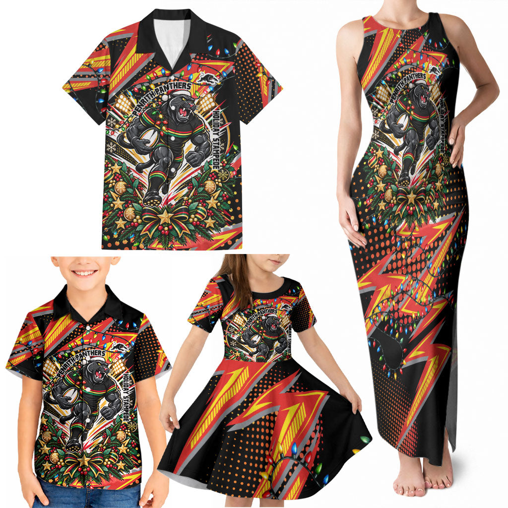 Personalized Penrith Panthers Rugby Christmas Family Matching Tank Maxi Dress and Hawaiian Shirt Holiday Mascot Graphic Art Festive Lights Bow
