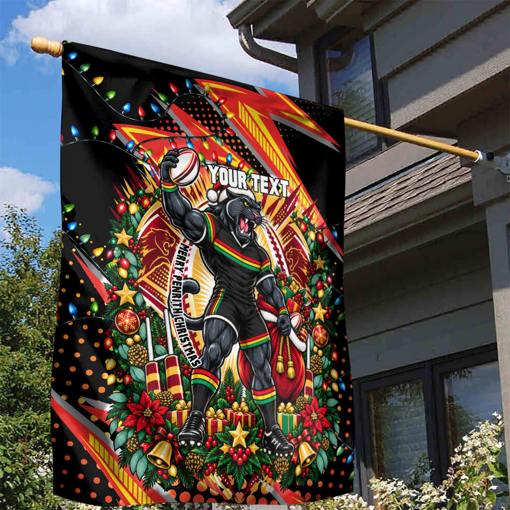 Personalized Penrith Panthers Rugby Christmas Garden Flag Holiday Mascot Graphic Art Festive Lights Bow