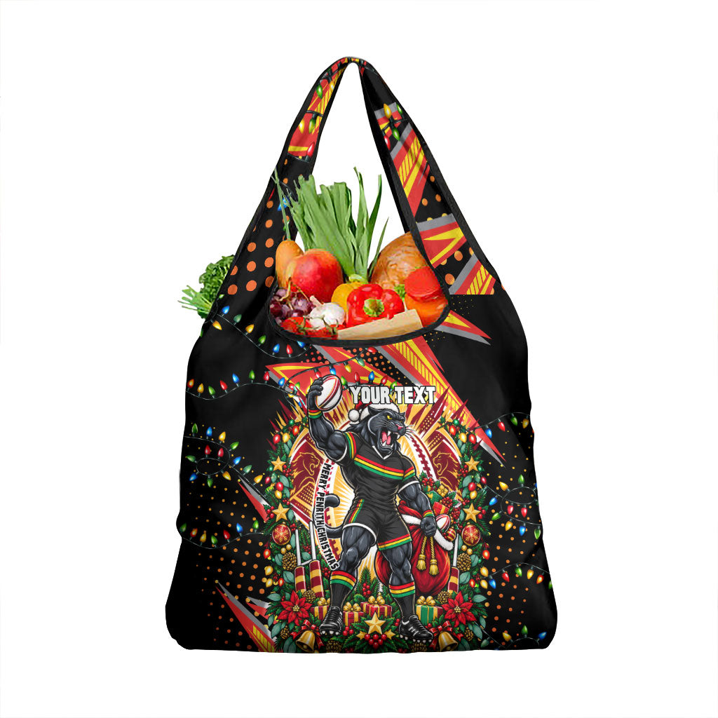 Personalized Penrith Panthers Rugby Christmas Grocery Bag Holiday Mascot Graphic Art Festive Lights Bow