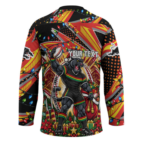 Personalized Penrith Panthers Rugby Christmas Hockey Jersey Holiday Mascot Graphic Art Festive Lights Bow