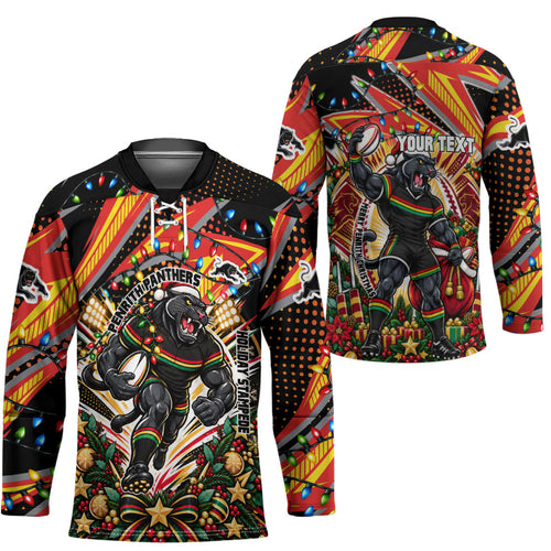 Personalized Penrith Panthers Rugby Christmas Hockey Jersey Holiday Mascot Graphic Art Festive Lights Bow