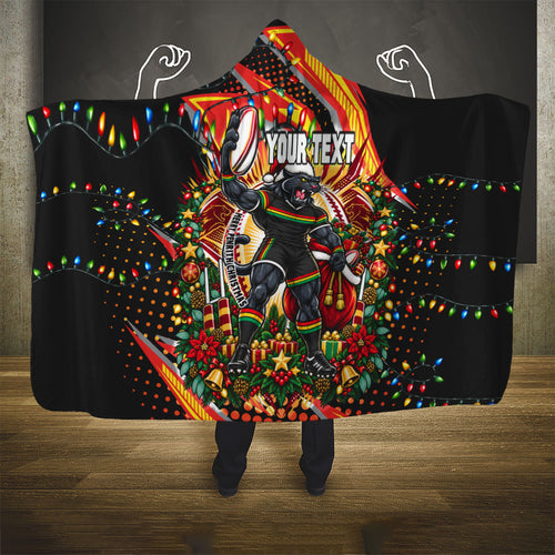 Personalized Penrith Panthers Rugby Christmas Hooded Blanket Holiday Mascot Graphic Art Festive Lights Bow