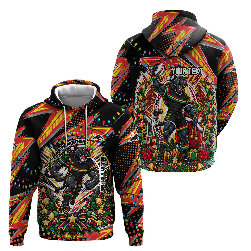 Personalized Penrith Panthers Rugby Christmas Hoodie Holiday Mascot Graphic Art Festive Lights Bow