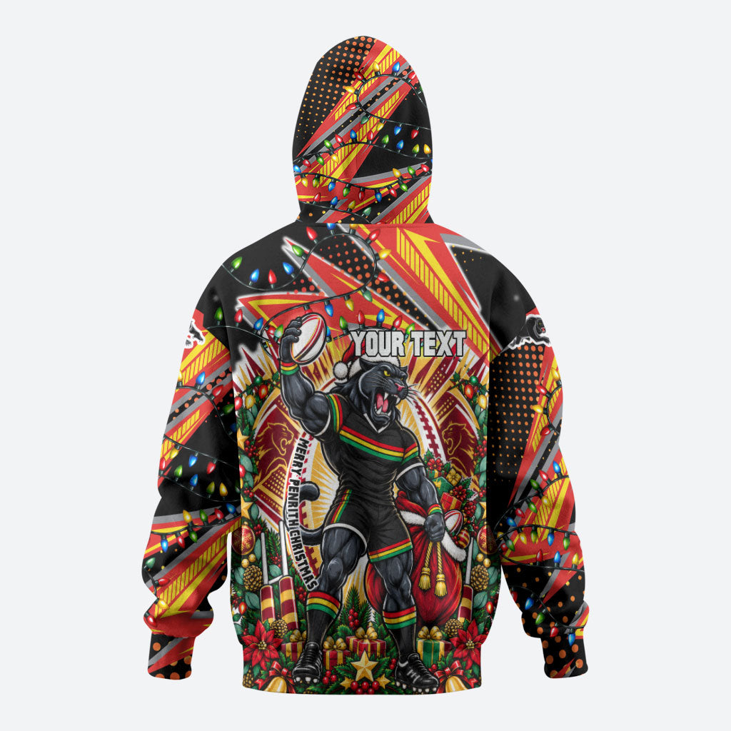 Personalized Penrith Panthers Rugby Christmas Hoodie Holiday Mascot Graphic Art Festive Lights Bow
