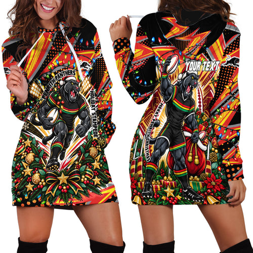 Personalized Penrith Panthers Rugby Christmas Hoodie Dress Holiday Mascot Graphic Art Festive Lights Bow