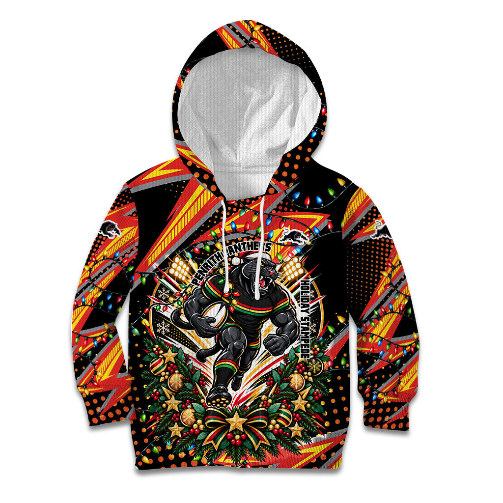 Personalized Penrith Panthers Rugby Christmas Kid Hoodie Holiday Mascot Graphic Art Festive Lights Bow