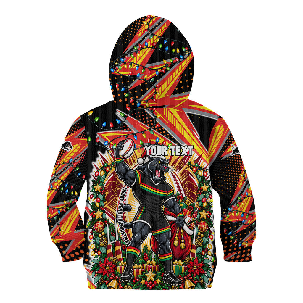 Personalized Penrith Panthers Rugby Christmas Kid Hoodie Holiday Mascot Graphic Art Festive Lights Bow