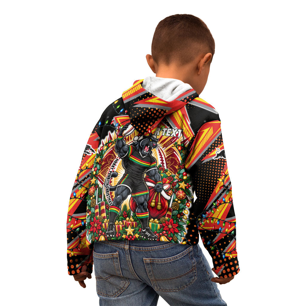 Personalized Penrith Panthers Rugby Christmas Kid Hoodie Holiday Mascot Graphic Art Festive Lights Bow