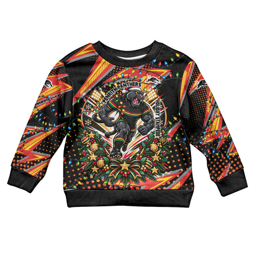 Personalized Penrith Panthers Rugby Christmas Kid Ugly Christmas Sweater Holiday Mascot Graphic Art Festive Lights Bow