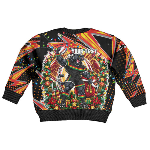 Personalized Penrith Panthers Rugby Christmas Kid Ugly Christmas Sweater Holiday Mascot Graphic Art Festive Lights Bow