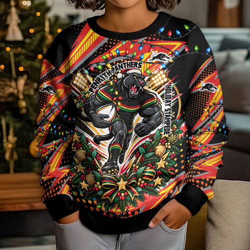 Personalized Penrith Panthers Rugby Christmas Kid Ugly Christmas Sweater Holiday Mascot Graphic Art Festive Lights Bow