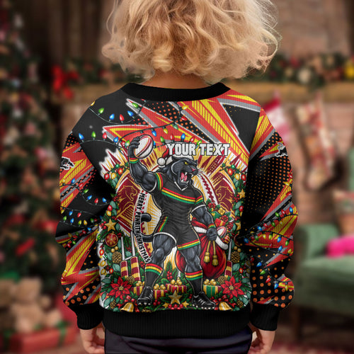Personalized Penrith Panthers Rugby Christmas Kid Ugly Christmas Sweater Holiday Mascot Graphic Art Festive Lights Bow