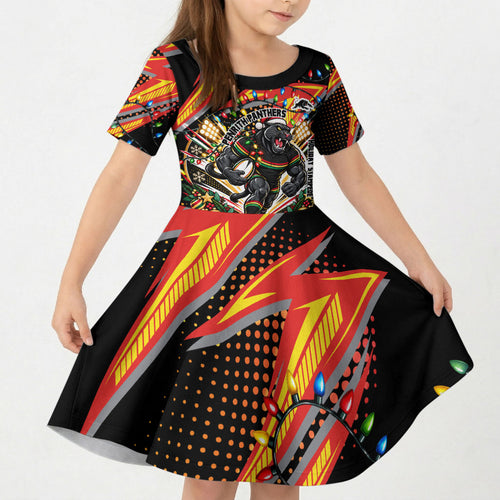 Personalized Penrith Panthers Rugby Christmas Kid Short Sleeve Dress Holiday Mascot Graphic Art Festive Lights Bow