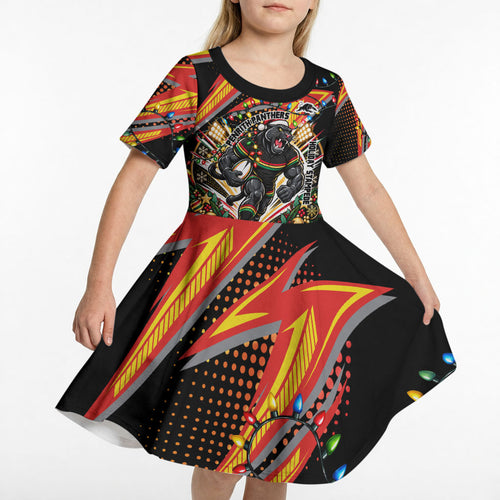 Personalized Penrith Panthers Rugby Christmas Kid Short Sleeve Dress Holiday Mascot Graphic Art Festive Lights Bow