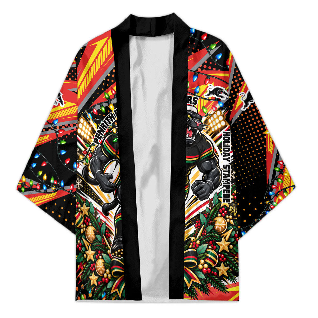 Personalized Penrith Panthers Rugby Christmas Kimono Holiday Mascot Graphic Art Festive Lights Bow