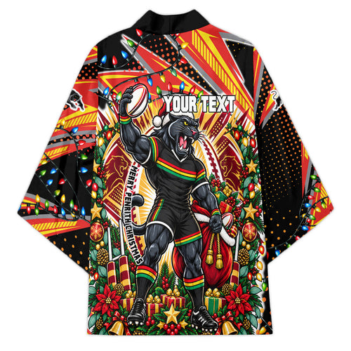 Personalized Penrith Panthers Rugby Christmas Kimono Holiday Mascot Graphic Art Festive Lights Bow