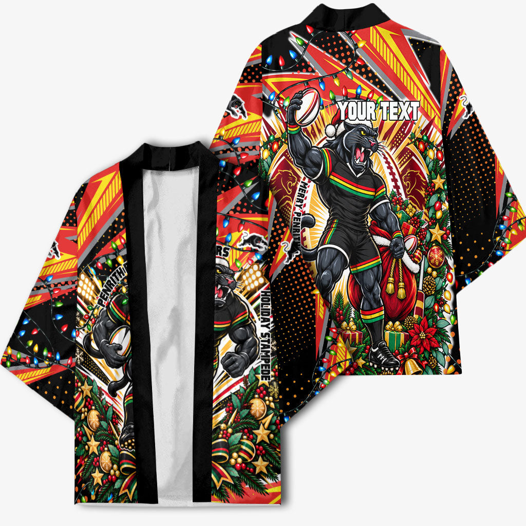 Personalized Penrith Panthers Rugby Christmas Kimono Holiday Mascot Graphic Art Festive Lights Bow