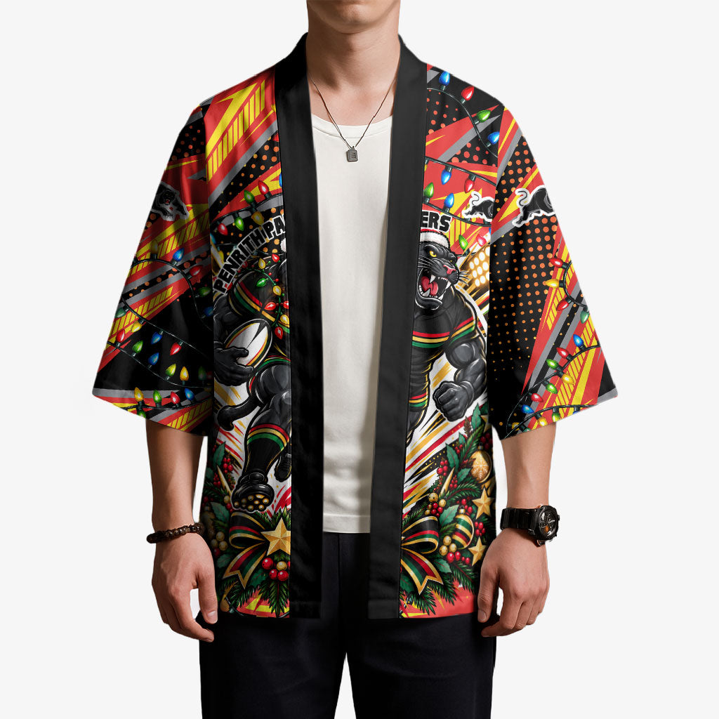 Personalized Penrith Panthers Rugby Christmas Kimono Holiday Mascot Graphic Art Festive Lights Bow
