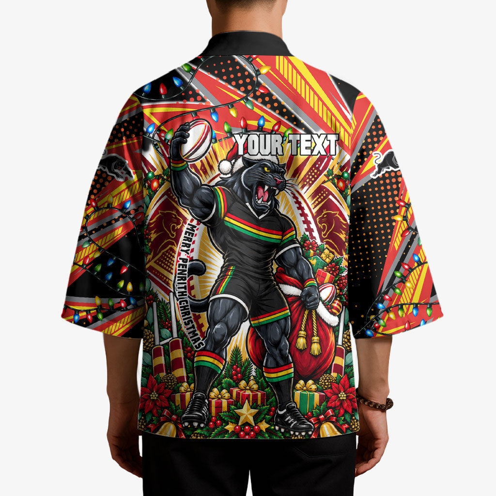 Personalized Penrith Panthers Rugby Christmas Kimono Holiday Mascot Graphic Art Festive Lights Bow