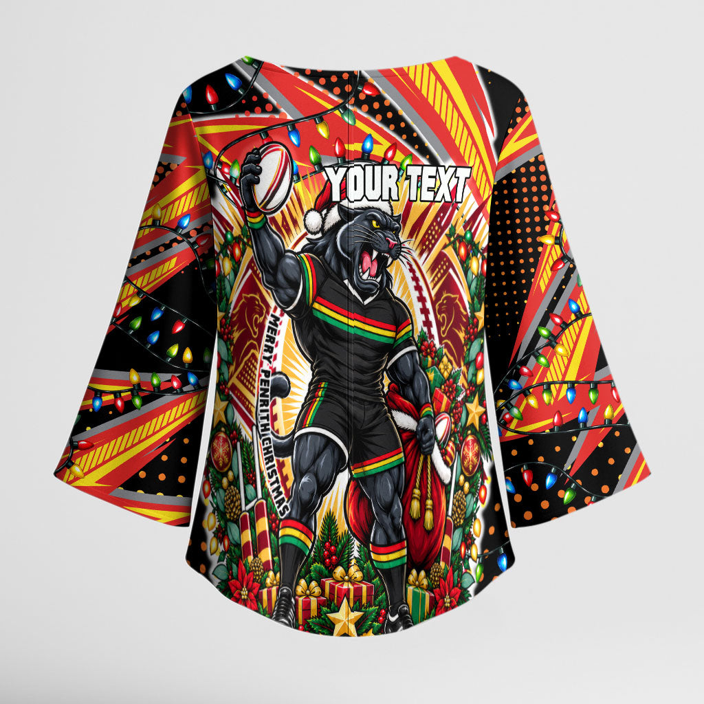 Personalized Penrith Panthers Rugby Christmas Kimono Sleeve Blouse Holiday Mascot Graphic Art Festive Lights Bow