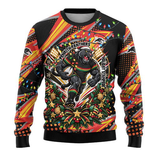 Personalized Penrith Panthers Rugby Christmas Ugly Christmas Sweater Holiday Mascot Graphic Art Festive Lights Bow