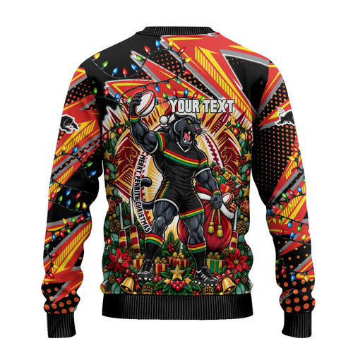 Personalized Penrith Panthers Rugby Christmas Ugly Christmas Sweater Holiday Mascot Graphic Art Festive Lights Bow