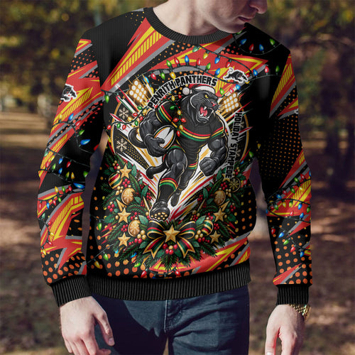 Personalized Penrith Panthers Rugby Christmas Ugly Christmas Sweater Holiday Mascot Graphic Art Festive Lights Bow