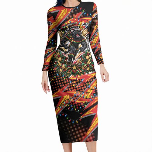Personalized Penrith Panthers Rugby Christmas Long Sleeve Bodycon Dress Holiday Mascot Graphic Art Festive Lights Bow