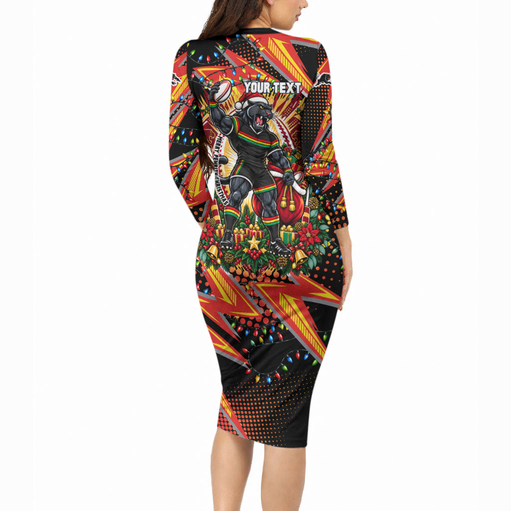Personalized Penrith Panthers Rugby Christmas Long Sleeve Bodycon Dress Holiday Mascot Graphic Art Festive Lights Bow