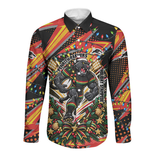 Personalized Penrith Panthers Rugby Christmas Long Sleeve Button Shirt Holiday Mascot Graphic Art Festive Lights Bow