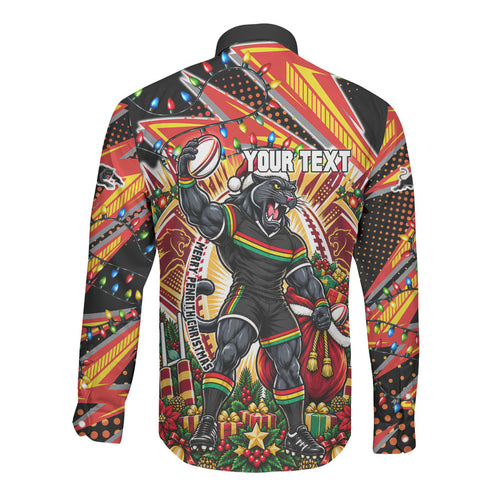 Personalized Penrith Panthers Rugby Christmas Long Sleeve Button Shirt Holiday Mascot Graphic Art Festive Lights Bow