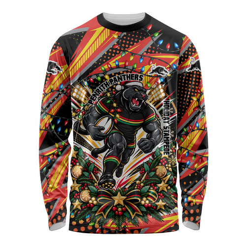 Personalized Penrith Panthers Rugby Christmas Long Sleeve Shirt Holiday Mascot Graphic Art Festive Lights Bow