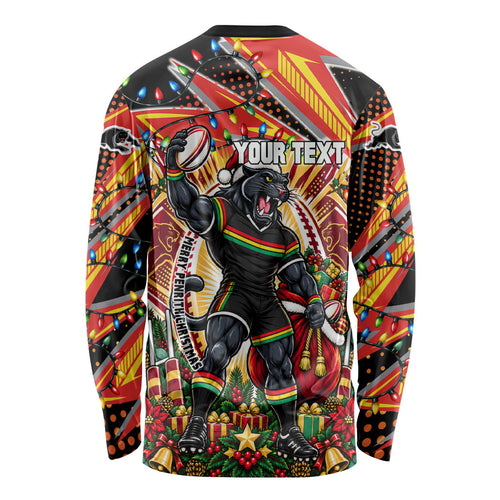 Personalized Penrith Panthers Rugby Christmas Long Sleeve Shirt Holiday Mascot Graphic Art Festive Lights Bow