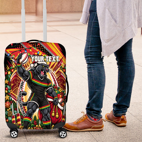 Personalized Penrith Panthers Rugby Christmas Luggage Cover Holiday Mascot Graphic Art Festive Lights Bow