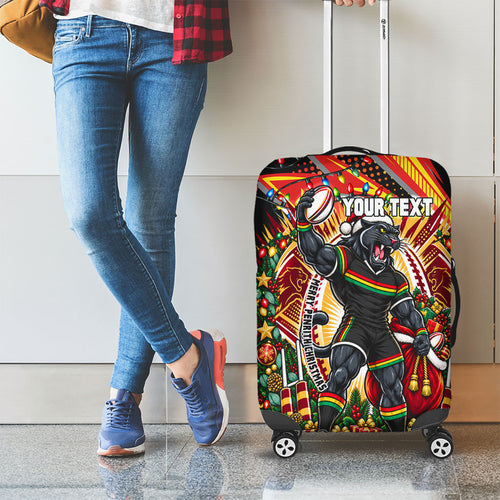 Personalized Penrith Panthers Rugby Christmas Luggage Cover Holiday Mascot Graphic Art Festive Lights Bow