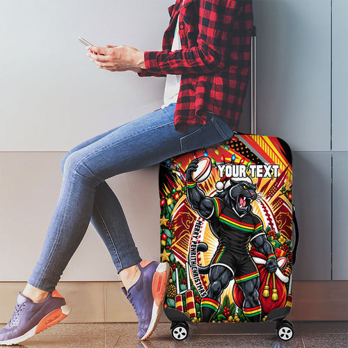 Personalized Penrith Panthers Rugby Christmas Luggage Cover Holiday Mascot Graphic Art Festive Lights Bow