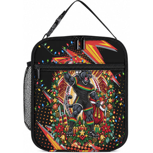 Personalized Penrith Panthers Rugby Christmas Lunch Bag Holiday Mascot Graphic Art Festive Lights Bow