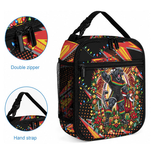 Personalized Penrith Panthers Rugby Christmas Lunch Bag Holiday Mascot Graphic Art Festive Lights Bow