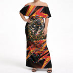 Personalized Penrith Panthers Rugby Christmas Off Shoulder Maxi Dress Holiday Mascot Graphic Art Festive Lights Bow