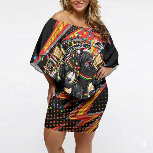Personalized Penrith Panthers Rugby Christmas Off Shoulder Short Dress Holiday Mascot Graphic Art Festive Lights Bow