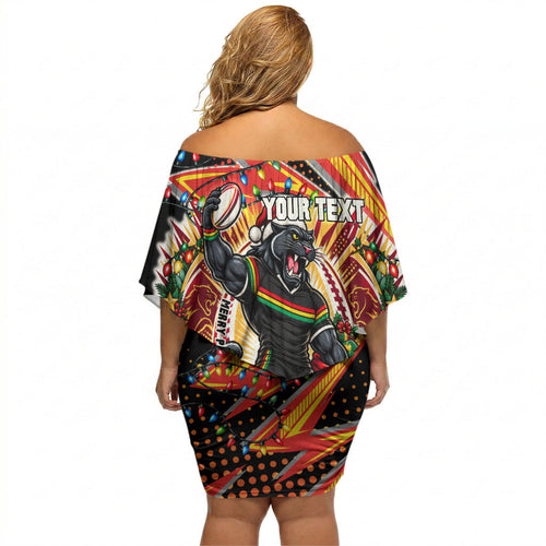 Personalized Penrith Panthers Rugby Christmas Off Shoulder Short Dress Holiday Mascot Graphic Art Festive Lights Bow