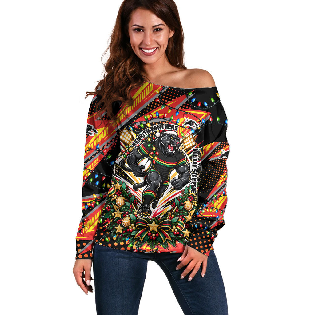 Personalized Penrith Panthers Rugby Christmas Off Shoulder Sweater Holiday Mascot Graphic Art Festive Lights Bow